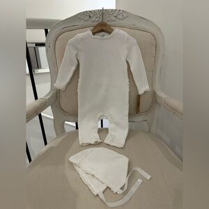 🦢 3~6 Mth Baby White Ribbed Waffle Knit One Piece With Bonnet NWT